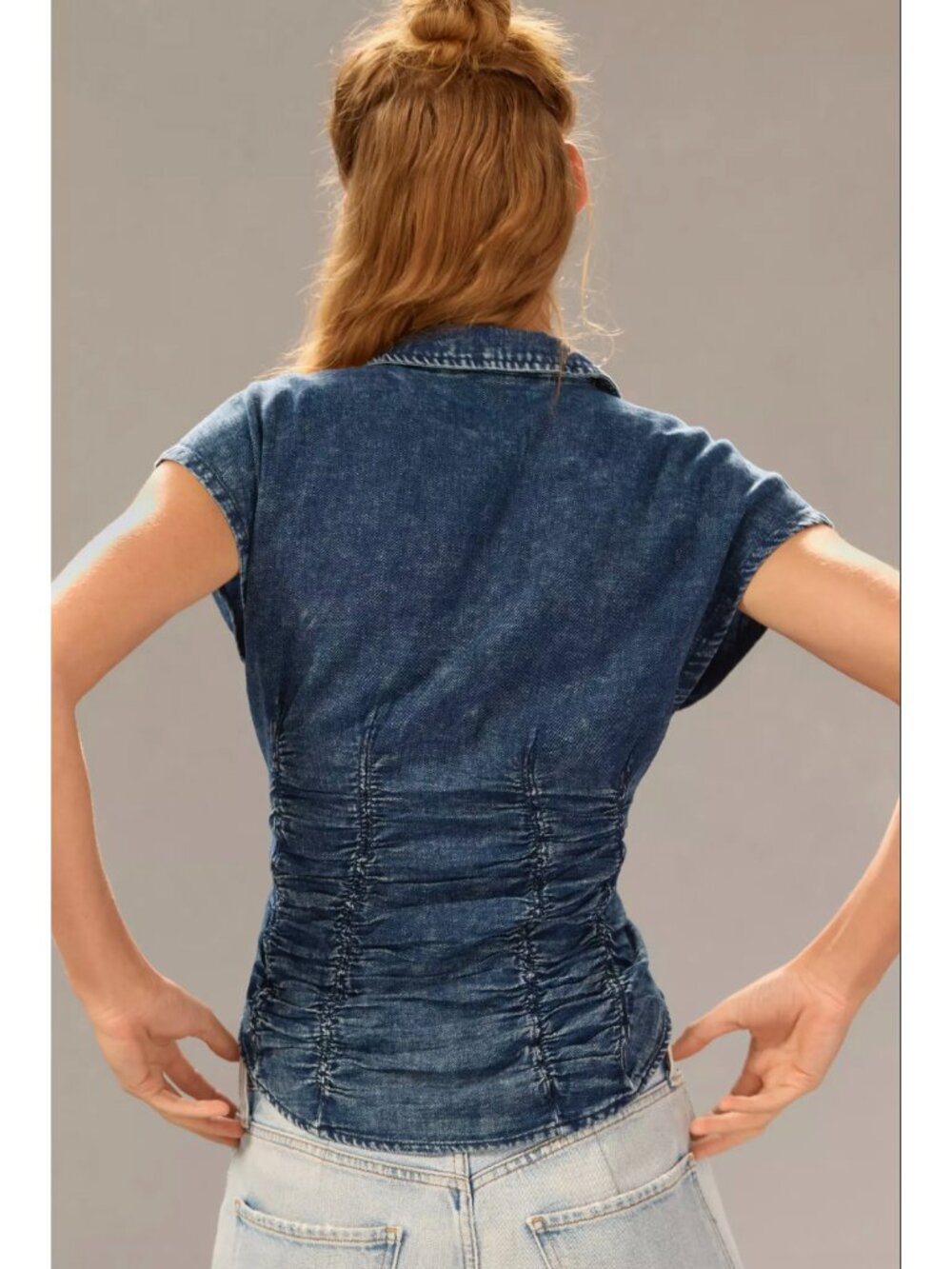 Pilcro Anthropologie Dark Wash Denim Cotton V-neck Button Down Cap Sleeve Top - Picture 2 of 7
